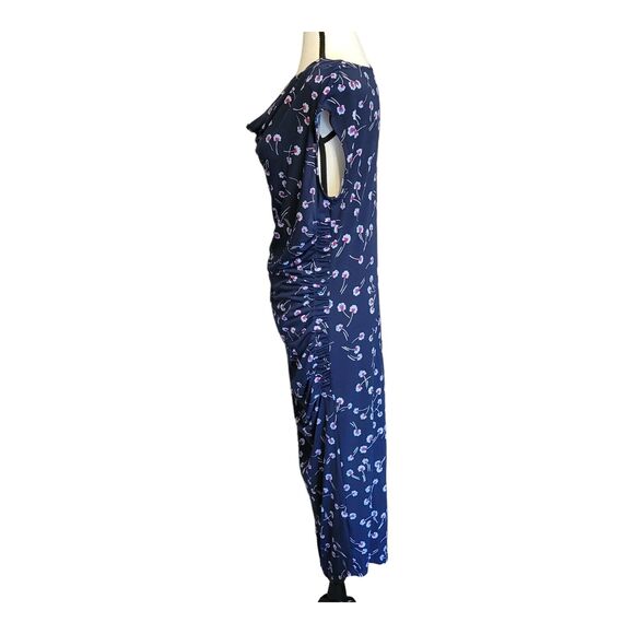 Vince Camuto Floral Sheath Midi Dress Womens Med Blue Cowl Neck Ruched Romantic - Picture 2 of 10